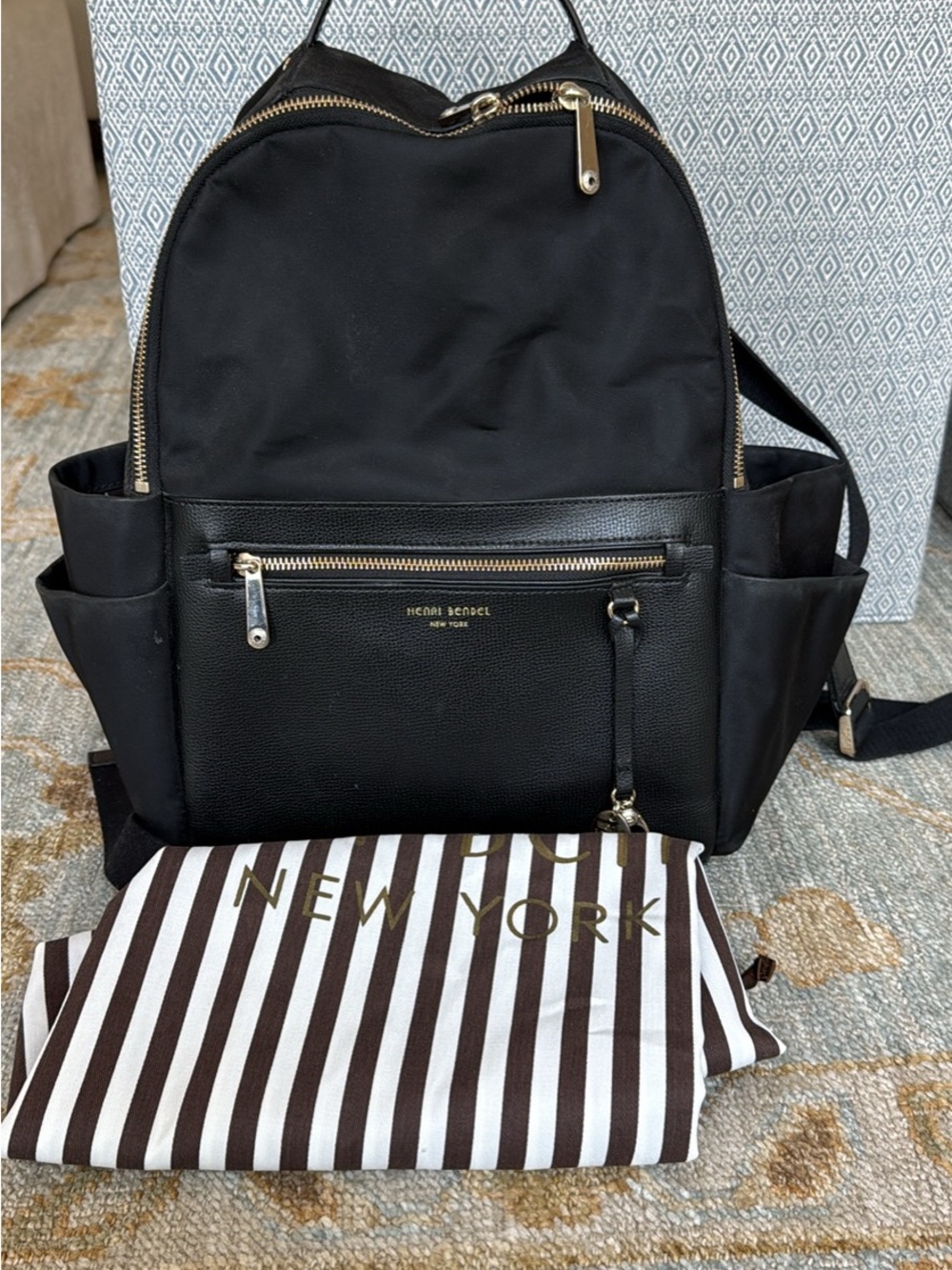 henri bendel Black Nylon & Leather Trim Diaper Bag Backpack with Gold Hardware